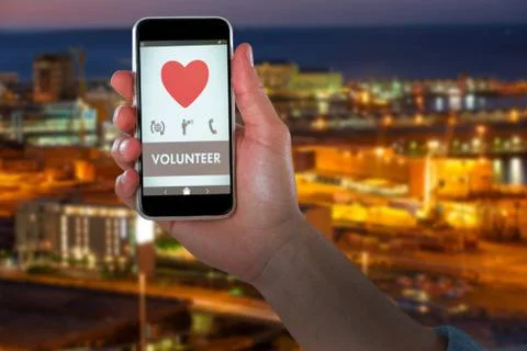 Composite image of cropped image of hand holding smart phone Stock Photos