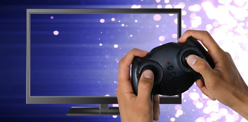 Composite image of cropped image of hands holding controller Stock Photos