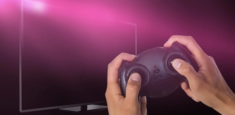 Composite image of cropped image of hands holding controller Stock Photos