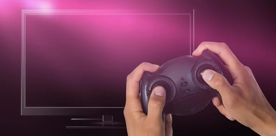 Composite image of cropped image of hands holding controller Stock Photos