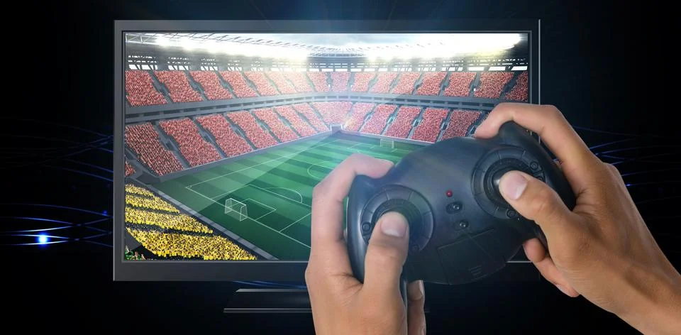 Composite image of cropped image of hands holding controller 스톡 사진