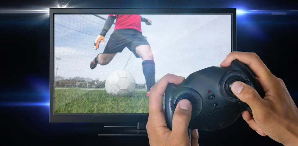 Composite image of cropped image of hands holding controller 스톡 사진