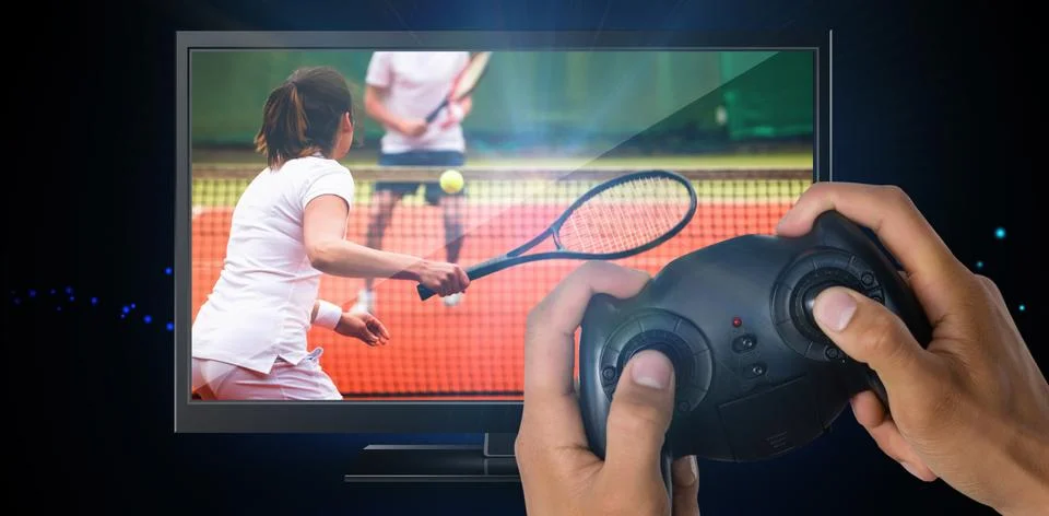 Composite image of cropped image of hands holding controller Stock Photos