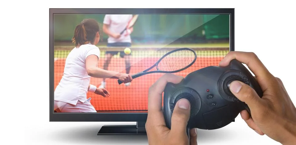 Composite image of cropped image of hands holding controller Stock Photos