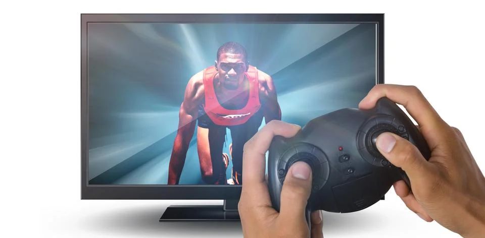 Composite image of cropped image of hands holding controller Stock Photos