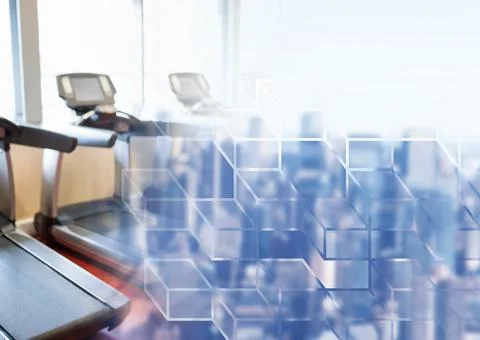 Composite image of cube pattern design , gym equipment and cityscape 写真素材