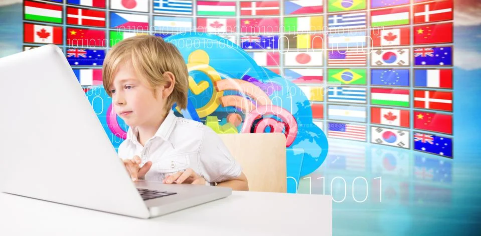 Composite image of cute boy using laptop Stock Illustration