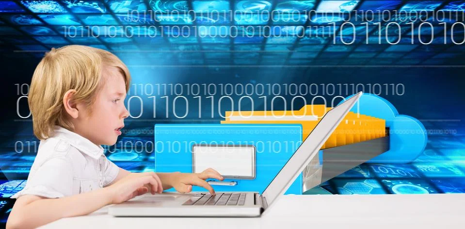 Composite image of cute boy using laptop Illustrazione stock
