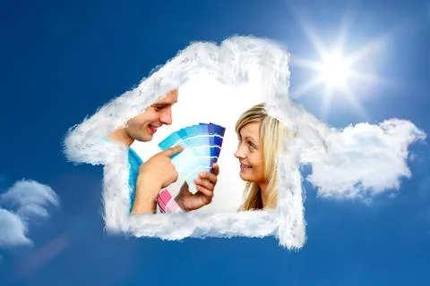 Composite image of cute couple chosing colours for painting house Stock Illustration