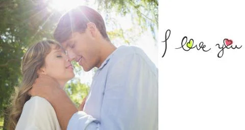 Composite image of cute couple hugging and smiling in the park Ilustración de archivo