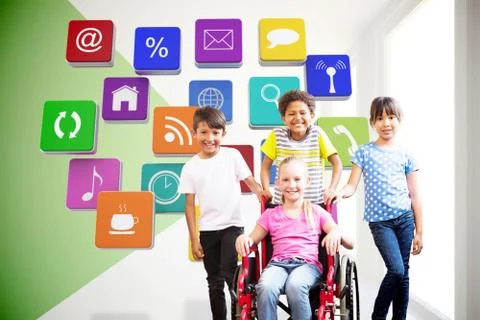 Composite image of cute disabled pupil smiling at camera with her friends Stock Photos