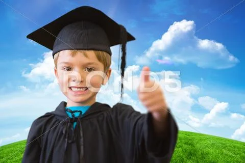Composite image of cute pupil in graduation robe Stock Photos