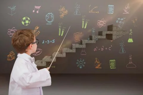 Composite image of cute pupil in lab coat Foto stock