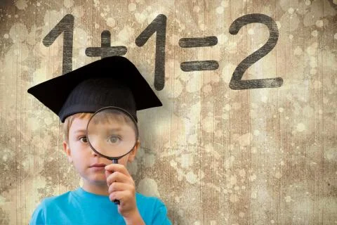 Composite image of cute pupil looking through magnifying glass Stock Illustration