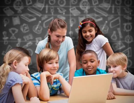 Composite image of cute pupils using tablet computer in library Foto stock