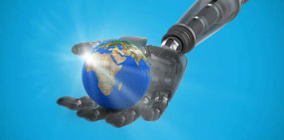Composite image of cyborg hand against white screen Stock Illustration