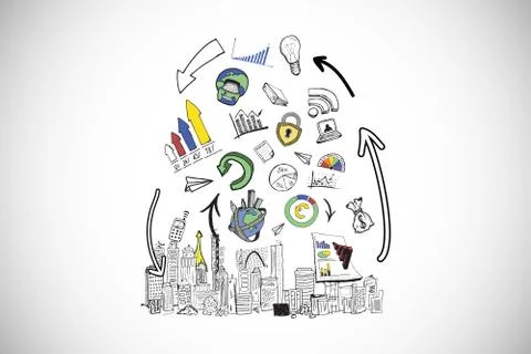 Composite image of data analysis doodles over cityscape Stock Illustration