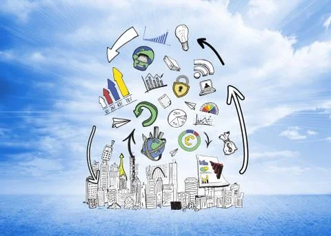 Composite image of data analysis doodles over cityscape Stock Illustration