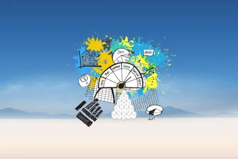 Composite image of data graphics on paint splashes Illustrazione stock