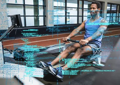 Composite image of data processing against african american fit man working out Foto stock