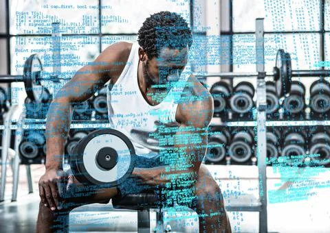 Composite image of data processing against african american fit man working out 스톡 사진