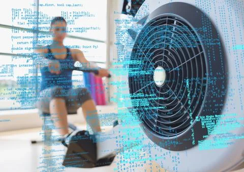 Composite image of data processing against caucasian fit woman working out at 写真素材