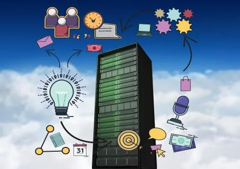 Composite image of data server and drawings Stock Illustration