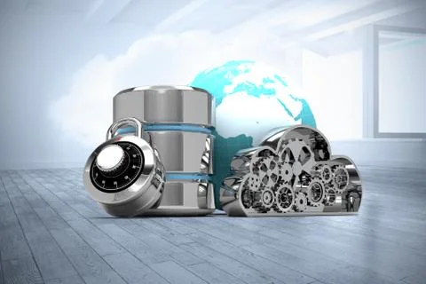 Composite image of database server icon with metallic cloud and combination lock Stock Illustration