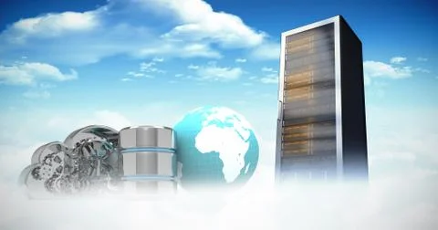 Composite image of database server icon with mechanical cloud and earth 库存插图