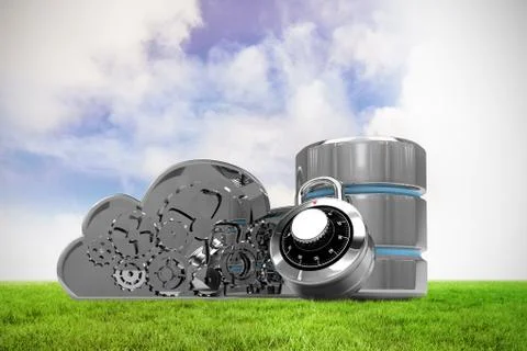 Composite image of database server icon with combination lock and metallic gears Stock Illustration