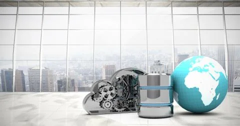 Composite image of database server icon with mechanical cloud and earth Illustrazione stock