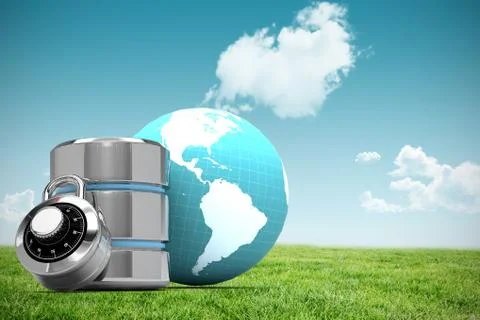 Composite image of database server icon with combination lock and earth イラスト素材