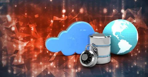 Composite image of database server icon with combination lock and globe Stock Illustration