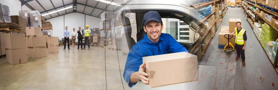 Composite image of delivery driver offering parcel from his van Stock Photos