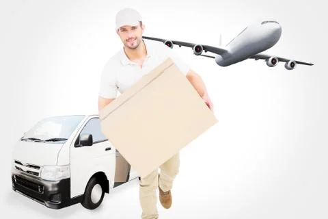 Composite image of delivery man with cardboard box running Stock Illustration