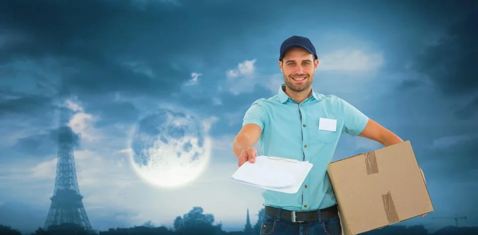 Composite image of delivery man with package giving clipboard for signature Fotos Stock