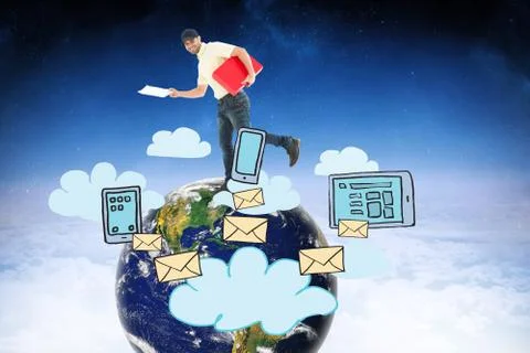 Composite image of delivery man with red box running on white background Stock Photos