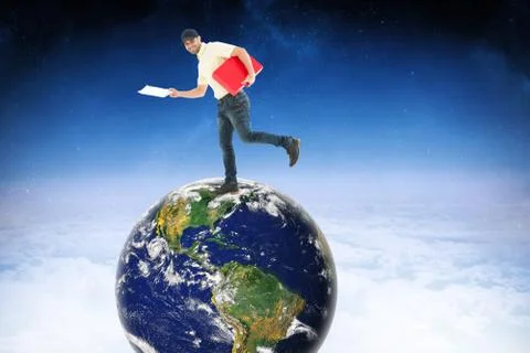 Composite image of delivery man with red box running on white background 스톡 사진