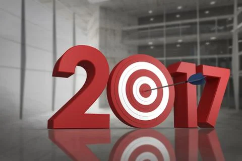 Composite image of digital 3D numbers with bulls eye arrow Ilustración de archivo