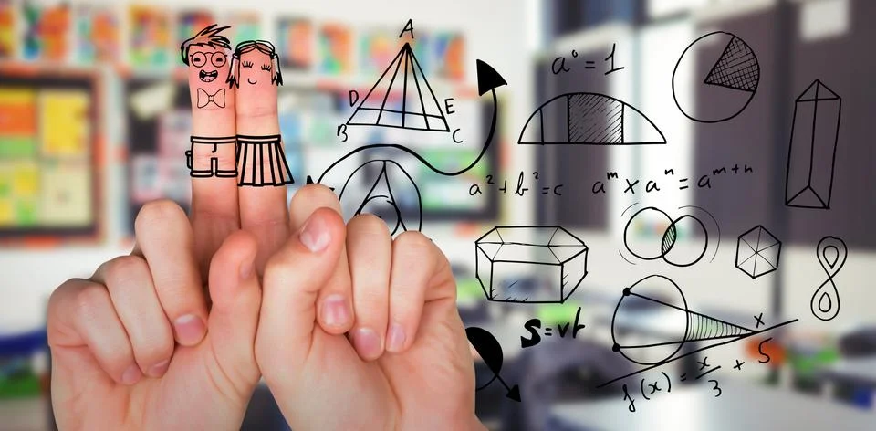 Composite image of digital anthropomorphic smiley faces of friends on fingers Stock Photos