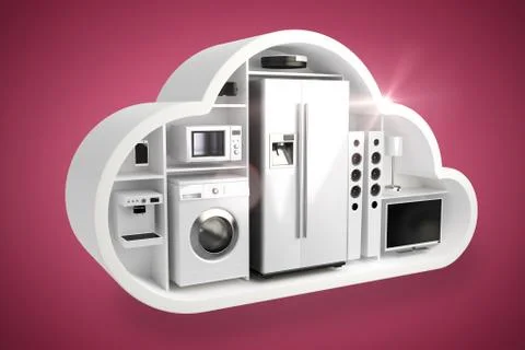 Composite image of digital composite image of home appliances in cloud 3d Illustrazione stock