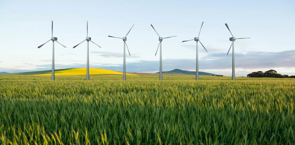 Composite image of digital composite image of wind turbines Stock Illustration