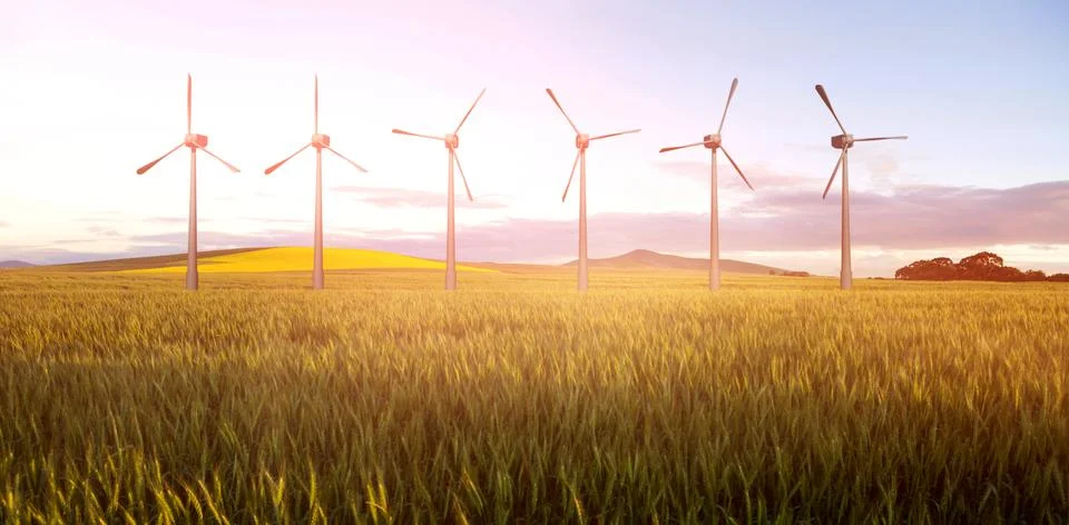 Composite image of digital composite image of wind turbines 3d Stock Illustration
