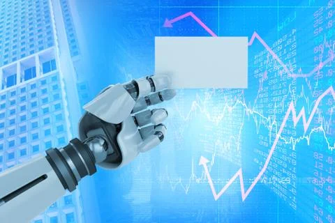 Composite image of digital composite image of white robotic arm holding placard Ilustración de archivo