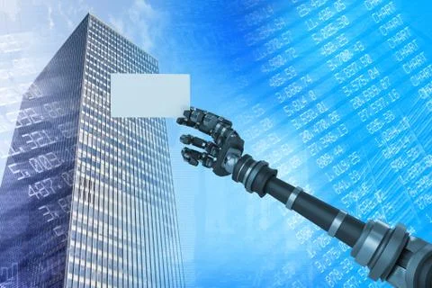 Composite image of digital composite image of robotic arm holding white placard Ilustración de archivo