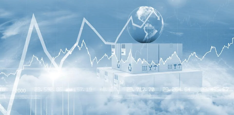 Composite image of digital composite image of globe on boxes Illustrazione stock