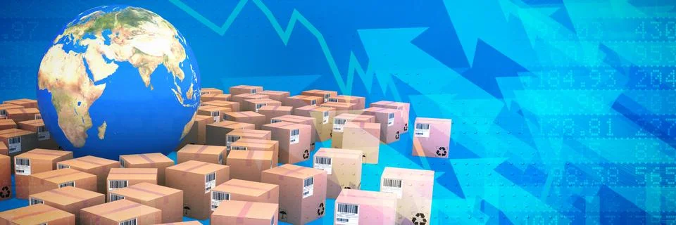 Composite image of digital composite image of cardboard boxes and globe Illustrazione stock
