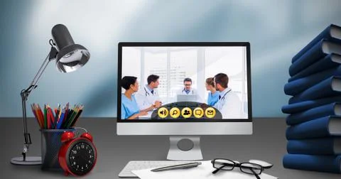 Composite image of digital composite image of computer with files on desk Stock Photos