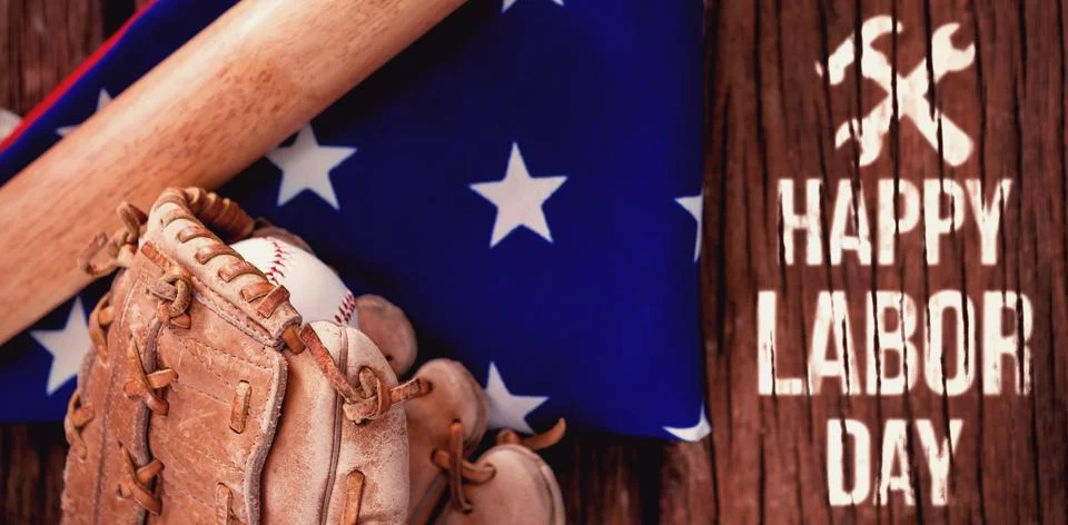 Composite image of digital composite image of happy labor day text with tools Stock Photos