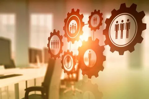 Composite image of digital composite image of gears with human representations Foto stock